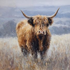 Highland cow in field painting by IamHome Studio