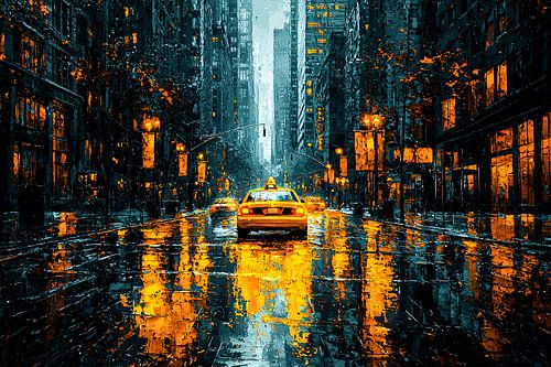 Regenachtige stadsavond met taxi