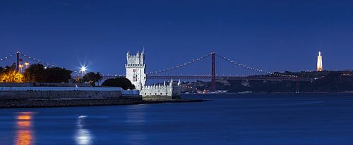 Lisbon at blue hour with three sights on one panorama