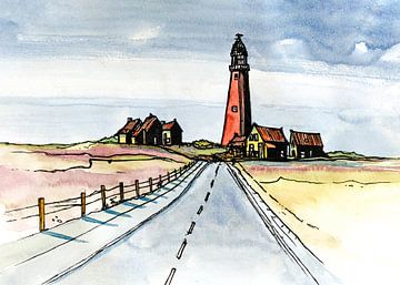 Texel Eierland Lighthouse | Peinture à l'aquarelle faite à la main sur WatercolorWall
