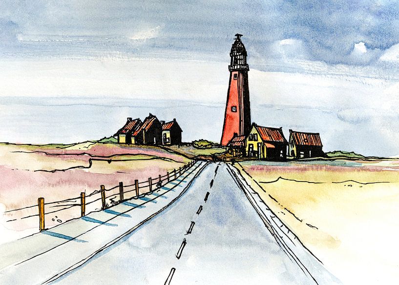 Texel Eierland Leuchtturm | Handgemachte Aquarellmalerei von WatercolorWall