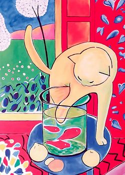 Lebhaftes Gemälde im fauvistischen Stil, das eine neugierige Katze und ein Fischglas zeigt