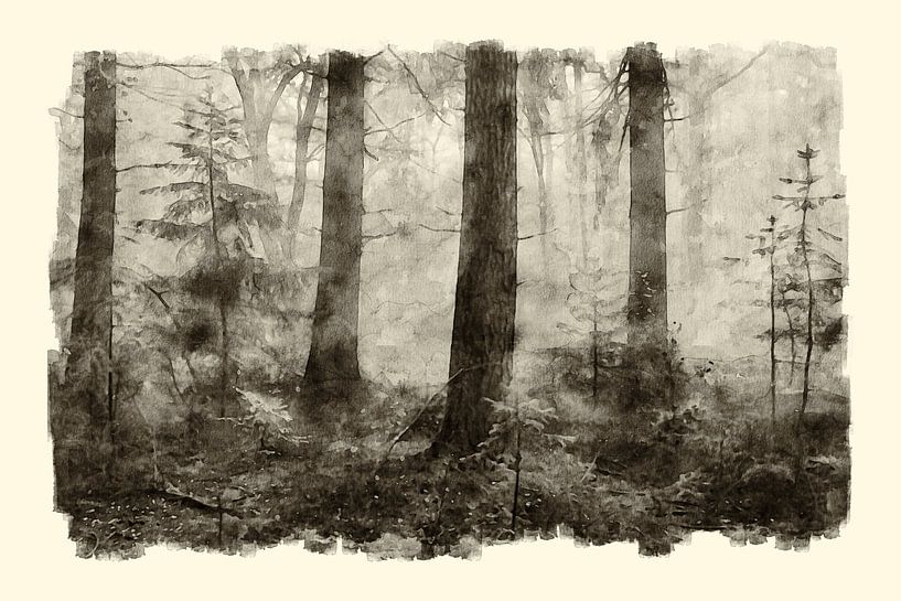 Aquarell eines nebligen Herbstwaldes von Peter Bolman