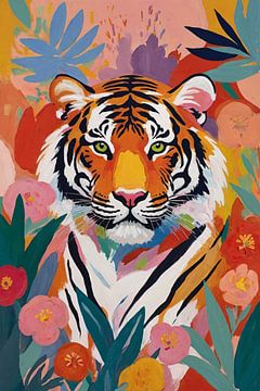 Tigre avec des fleurs style Henri Matisse sur De Muurdecoratie