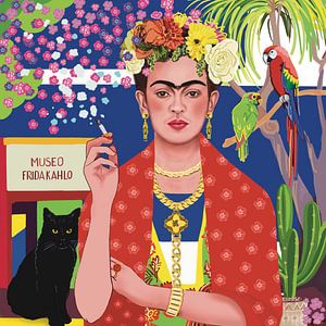 Rauchende Frida vor dem Blauen Haus