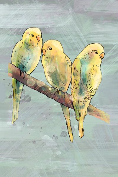 Three parakeets on a branch by Emiel de Lange