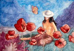 Vrouw met klaprozen en vlinder - aquarel op papier