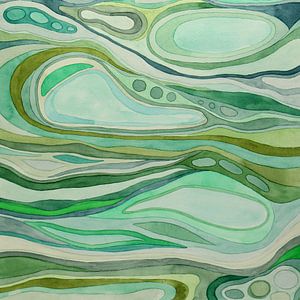 De groene beweging (vrolijk abstract aquarel schilderij vierkant golven natuur speels lijnen modern)