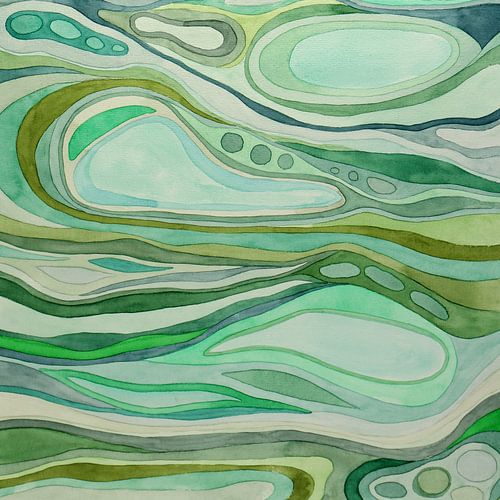 De groene beweging (vrolijk abstract aquarel schilderij vierkant golven natuur speels lijnen modern)