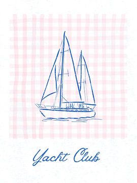 Minimalistische blauwe lijntekening van een jacht van Jolly and Dash