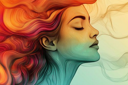 Woman Dreamy with Wavy Colours and Fluid Lines