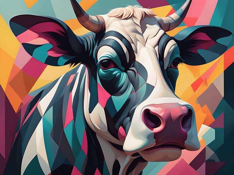 Cow portrait in vibrant geometric style by Bart Veeken