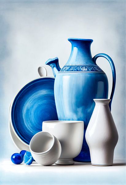 Stilleven met Vazen in Blauw en Wit Tinten van Maarten Knops