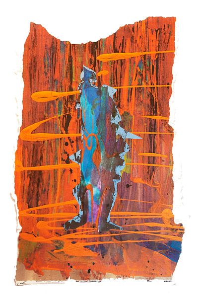 Blue figure on brown striped background by Klaus Heidecker