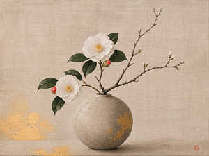 Nature morte apaisante avec des camélias blancs «'s » dans un vase en céramique
