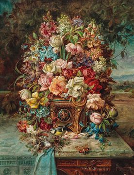 Rijk bloemenstilleven met pimpelmeesjes voor een weids landschap, Hans Zatzka