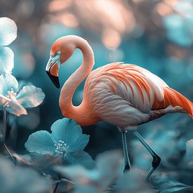 Flamingo tussen Dromerige Bloemen in Magisch Licht van Eva Lee