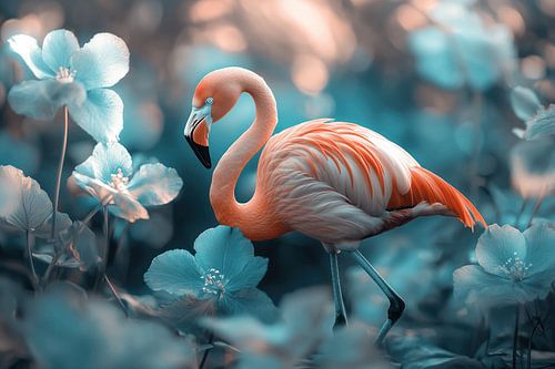 Flamingo among Dreamy Flowers in Magical Light by Eva Lee