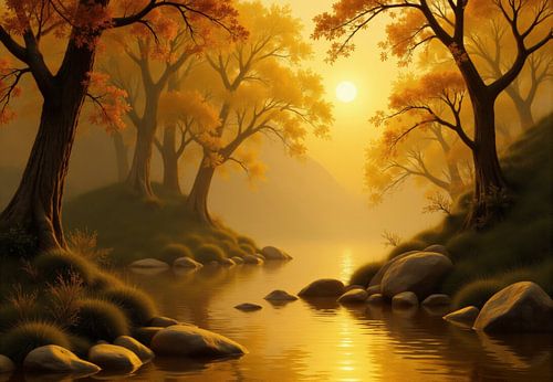 Herfstrivier bij zonsondergang: Bos, water en rotsen