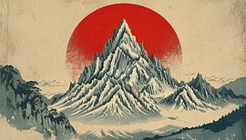Mount Fuji and the Red Sun: A Serene Vintage Japanese Landscape by Artistic