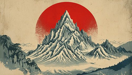 De berg Fuji en de rode zon: Een sereen Japans landschap