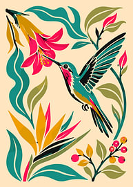 Illustration représentant un colibri et des fleurs tropicales sur Karomah Project