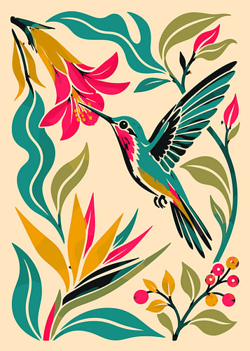 Illustration eines Kolibris und tropischer Blumen
