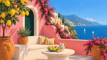Blick auf die sonnendurchflutete mediterrane Terrasse der „Pink Villa“
