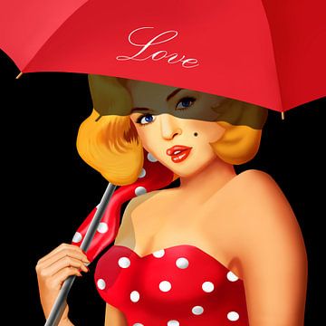 Pin-Up Girl unter rotem Regenschirm von Monika Jüngling