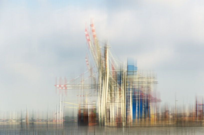 Laadkranen in de containerterminal haven van Hamburg abstracte meervoudige belichting als collage van Dieter Walther