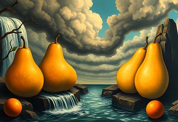 Kunst met fruit in het landschap Dali stijl van Egon Zitter