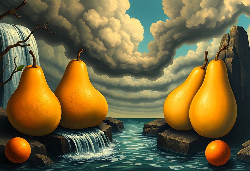 Kunst met fruit in het landschap Dali stijl van Egon Zitter