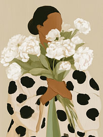 Elegante vrouw met witte pioenrozen van Stephanie Jeuffroy