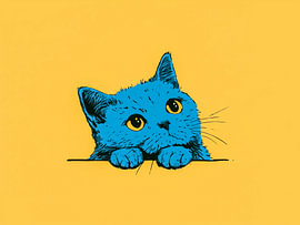 Blaue Katze mit gelben Augen auf gelbem Hintergrund von Thea