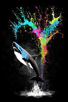 Le requin dans l'explosion des couleurs sur De Muurdecoratie