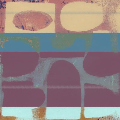 Abstracte vormen in paars, blauw, geel en zacht rood.