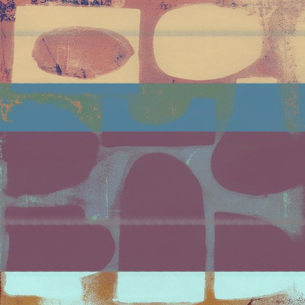 Abstract shapes in purple, blue, yellow, soft red. by Dina Dankers