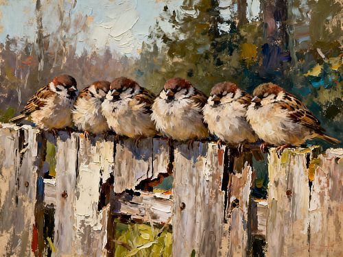Six sparrows on a fence