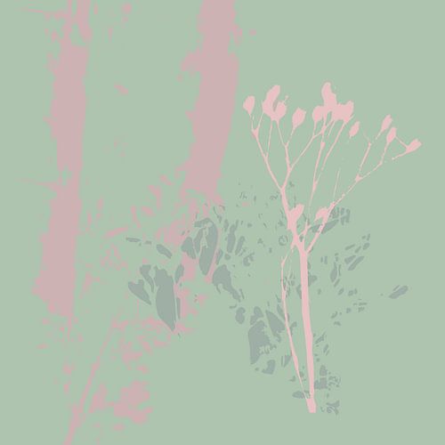 Fleurs roses, vertes et grises. Art botanique doux et tendre dans les tons pastels.