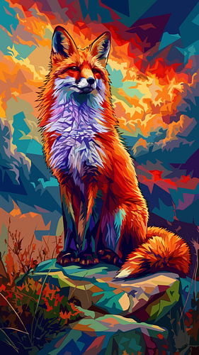 Affiche métallique « Renard roux sur la montagne » – Illustration pop art WPAP