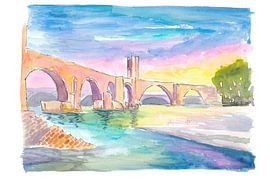 Sérénité au crépuscule sur le pont de Besalú en Catalogne Espagne