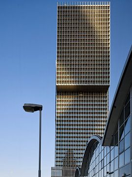 Lateral view of the high-rise ensemble "de Rotterdam" in the evening light