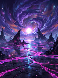 Cosmic Alien Planet Glowing Bioluminescent Lava Celestial Full Moon Landscape Illustration by The Deeper Way