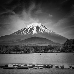 Idyllischer Shoji-See mit majestätischem Fuji | monochrom