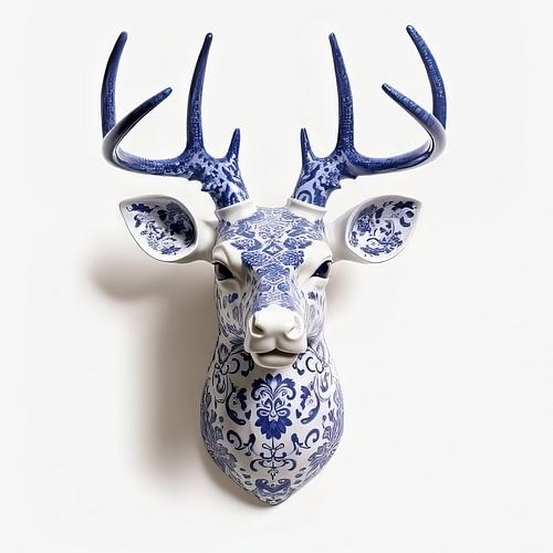Hirsch in Delfter Blau - Jagdtrophäe - azulejo