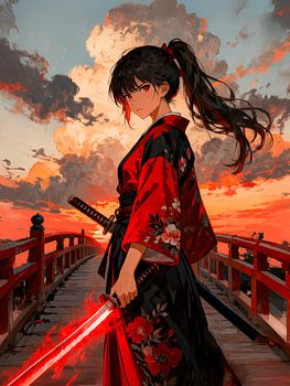 ANIME Samurai Crimson Bridge - Cyber Katana Traditional Kimono Sunset Glow