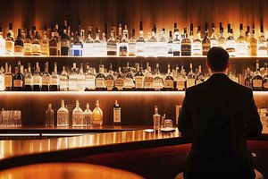 Gast hinter Bar mit Spirituosen