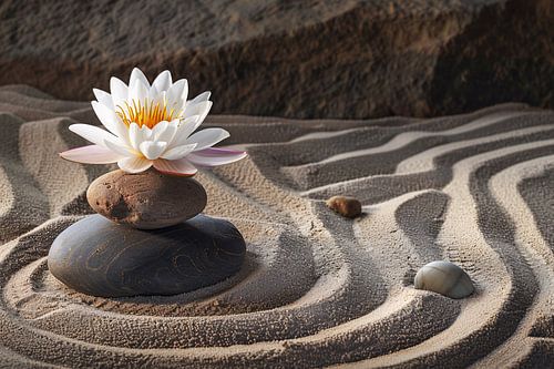 Zen-bloem op stenen in een zandtuin