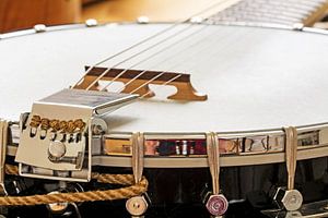 Metallbanjo mit 6 Saiten, Musikinstrument, Detail mit ausgewähltem Fokus und enger Schärfentiefe, Ko