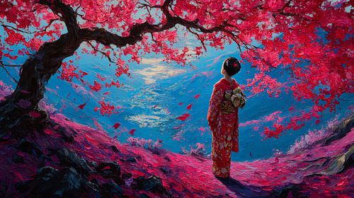 schilderachtige Japanse landschapskunst met Geisha